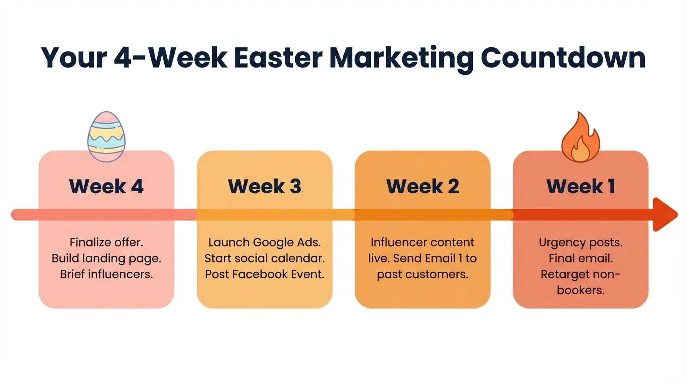 Your 4-Week Easter Marketing Countdown — Timeline Infographic Horizontal timeline showing 4-week Easter marketing countdown with coral to orange-red blocks, flame icon over Week 1 urgency stage
