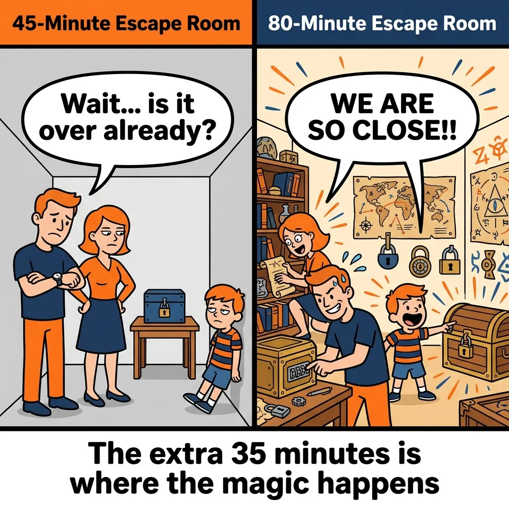 Comic comparison: bored family in 45-minute escape room vs same family excitedly solving puzzles in 80-minute room