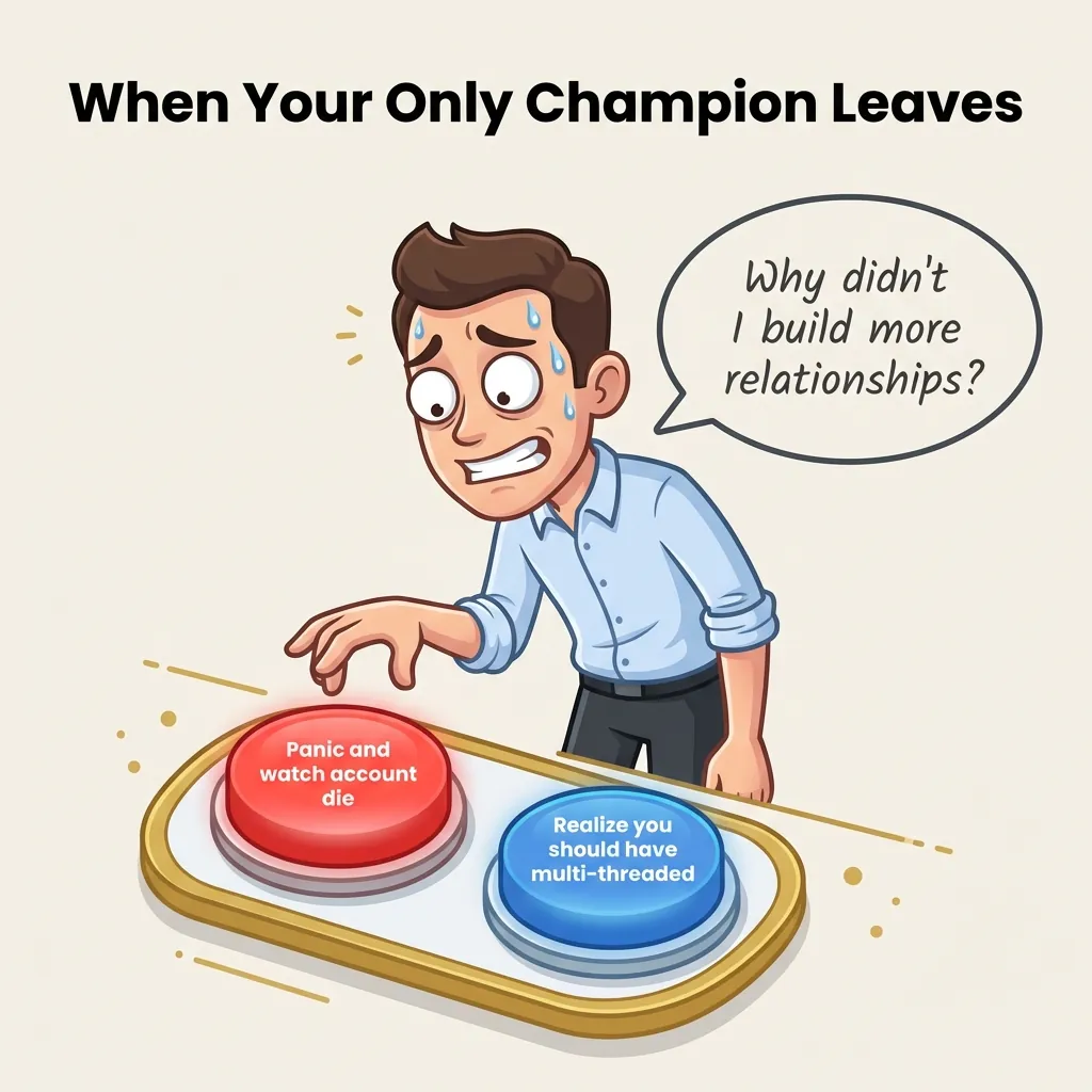 Cartoon person sweating over two buttons: red 'Panic and watch account die' and blue 'Realize you should have multi-threaded'