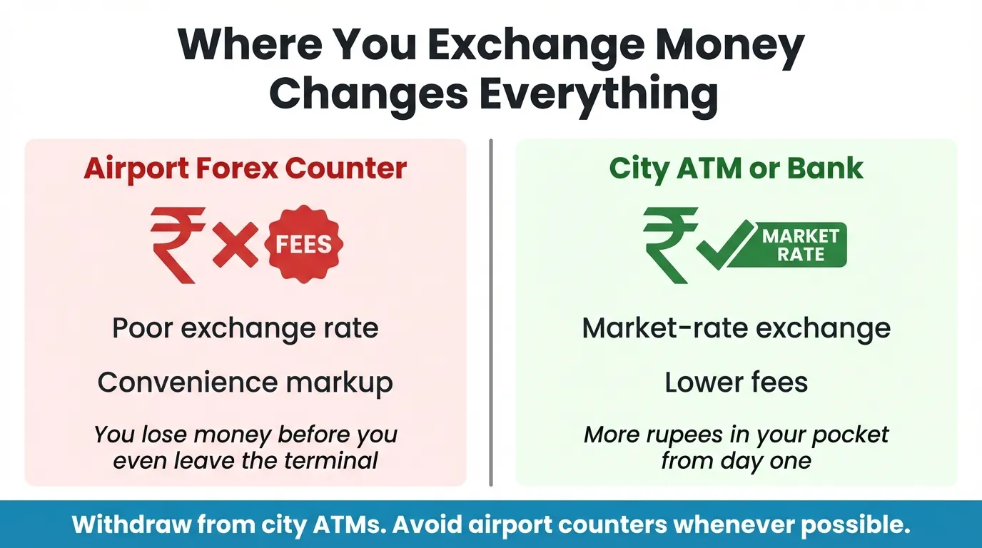 Side-by-side comparison: red panel 'Airport Forex Counter' lists poor rates and fees; green panel 'City ATM or Bank' lists market rates and savings