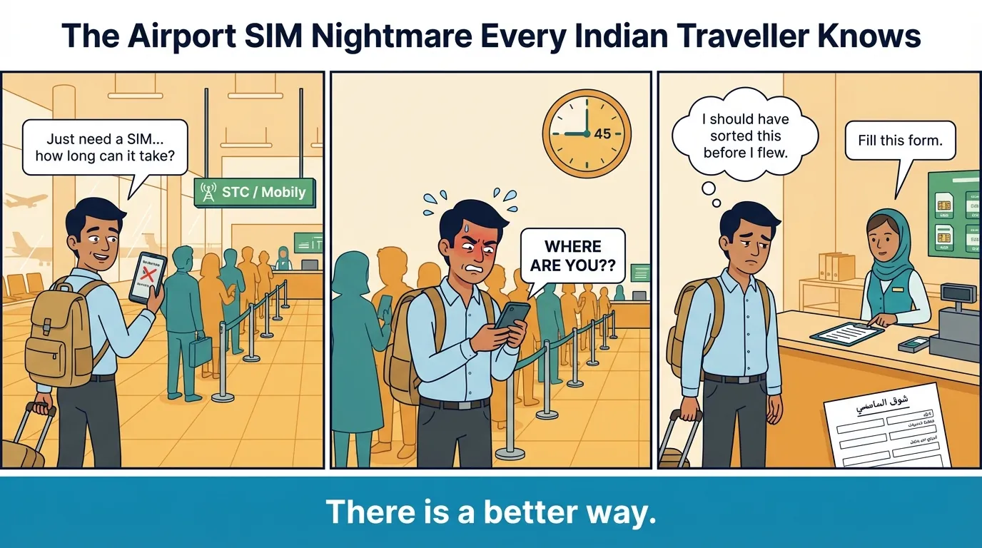 Three-panel comic strip of Indian traveller stuck in SIM card queue at Jeddah airport, sweating through a 45-minute wait before being handed an Arabic form