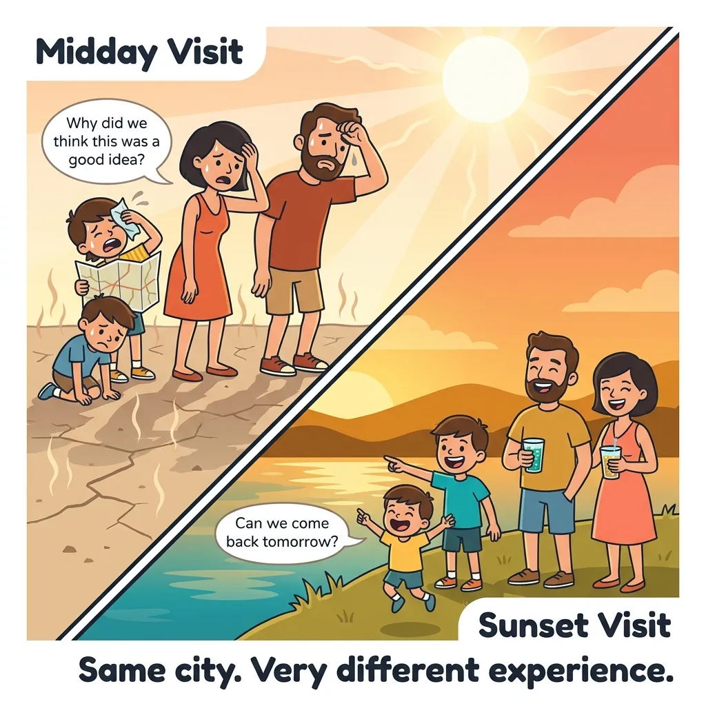 Split diagonal cartoon: wilting family in harsh midday sun vs same family laughing at golden-hour lakeside, text reads 'Same city. Very different experience.'
