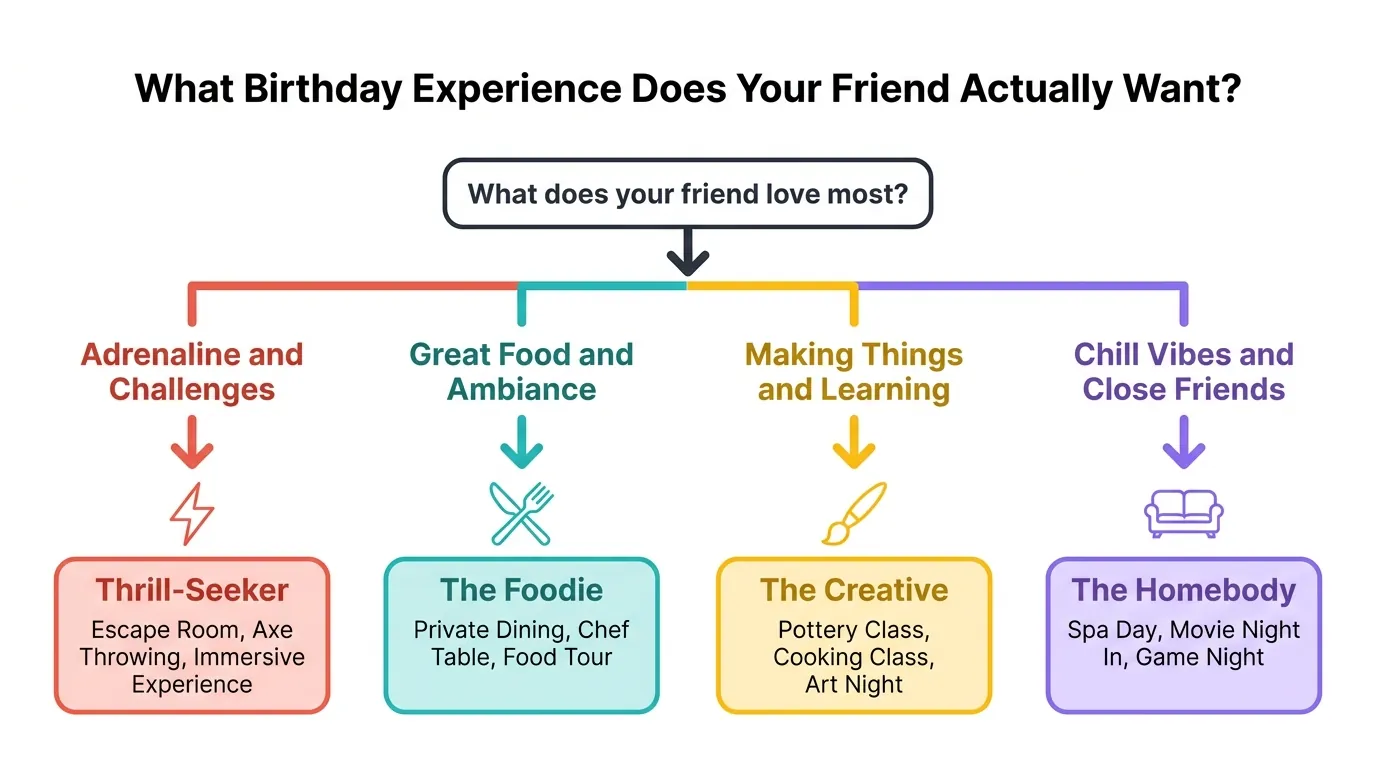 What Birthday Experience Does Your Friend Actually Want? - Decision Tree Flowchart Flowchart matching a friend's taste to a birthday experience: thrill-seeker, foodie, creative or homebody
