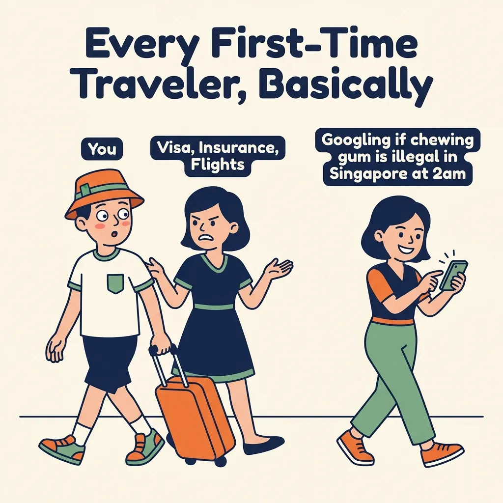 Flat cartoon meme: tourist turning away from 'Visa, Insurance, Flights' toward 'Googling if chewing gum is illegal in Singapore at 2am'