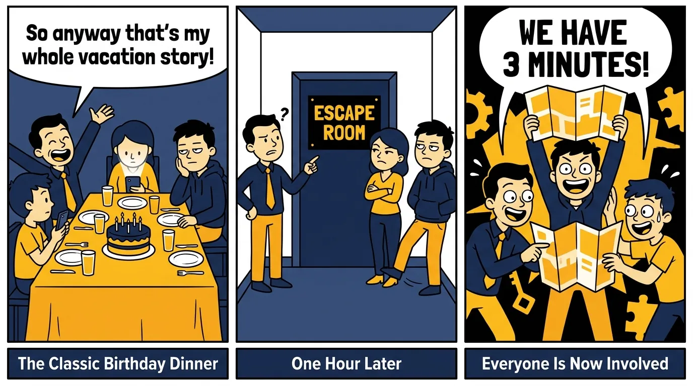 From Bored Birthday Dinner to Escape Room Heroes - 3-Panel Comic Strip Three-panel comic: the classic birthday dinner, an hour later at an escape room, and everyone joining in