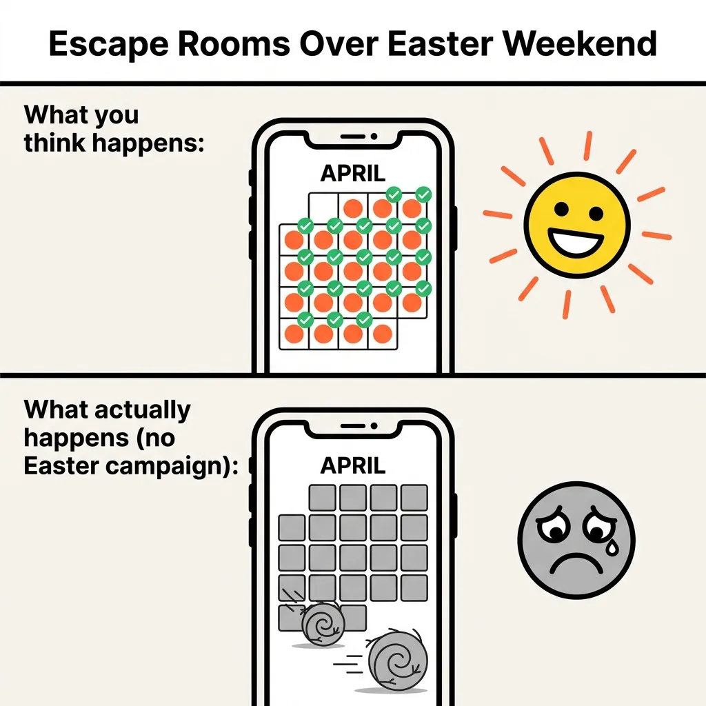 Escape Rooms Over Easter: Expectation vs Reality Meme (Book vs No Campaign) Two-panel meme: top shows phone with full booking calendar and smiley emoji, bottom shows empty calendar with tumbleweeds and sad emoji