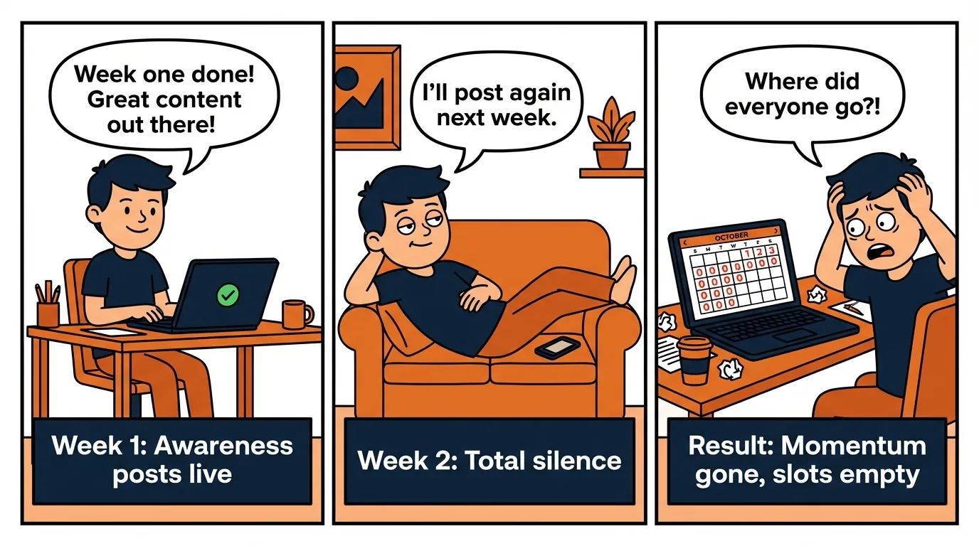 The Danger of Posting Gaps: A 3-Panel Marketing Lesson for Escape Room Owners 3-panel comic strip: escape room owner posts proudly in week one, relaxes silently in week two, then panics at empty booking calendar