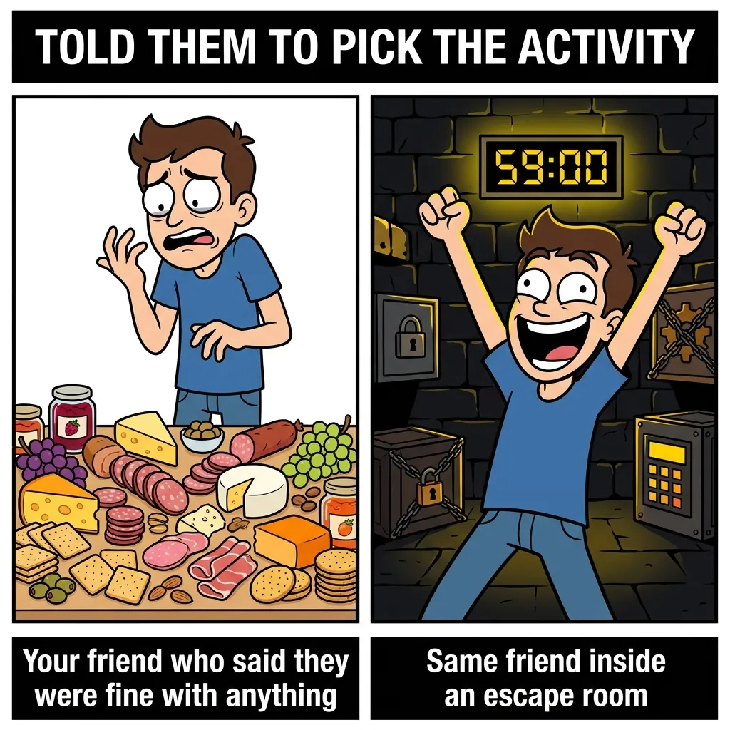 The Friend Who Said They Were Fine With Anything - Escape Room Meme Two-panel comic contrasting a friend who was fine with anything and the same friend inside an escape room