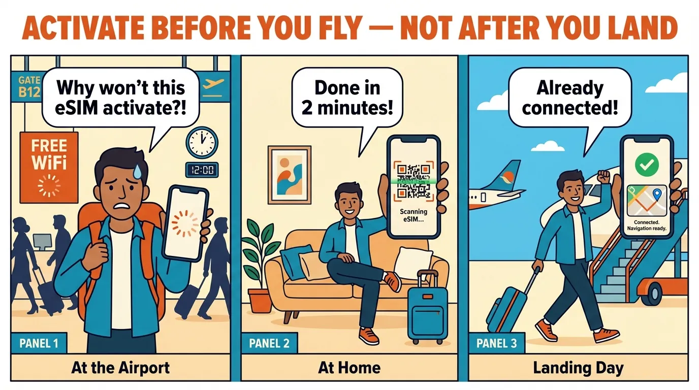3-panel comic strip: stressed traveler at airport WiFi sign with spinning phone icon, then relaxed at home scanning QR code, then landing with Google Maps loaded