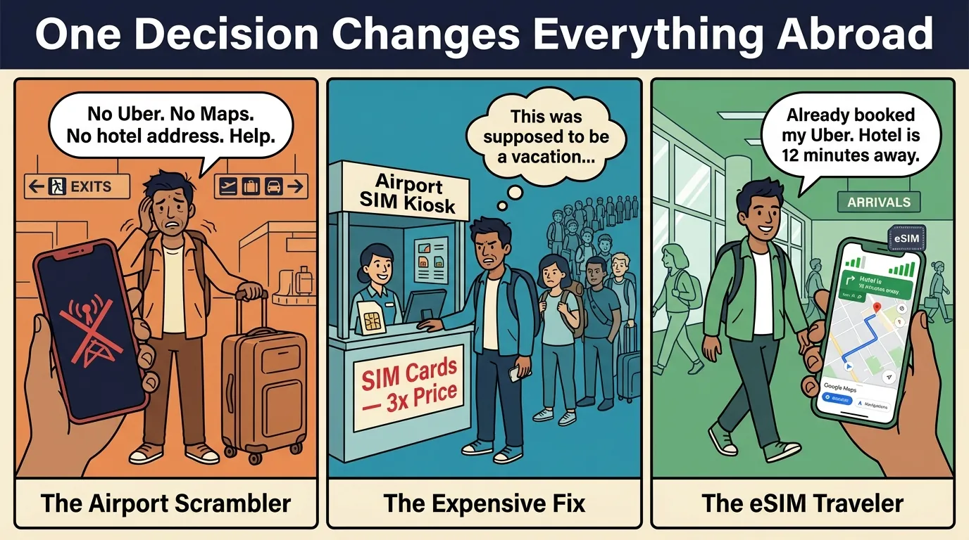 Three-panel comic strip: stressed traveler with 'No Signal' phone, overpriced airport SIM kiosk queue, then calm traveler with full bars and Google Maps open
