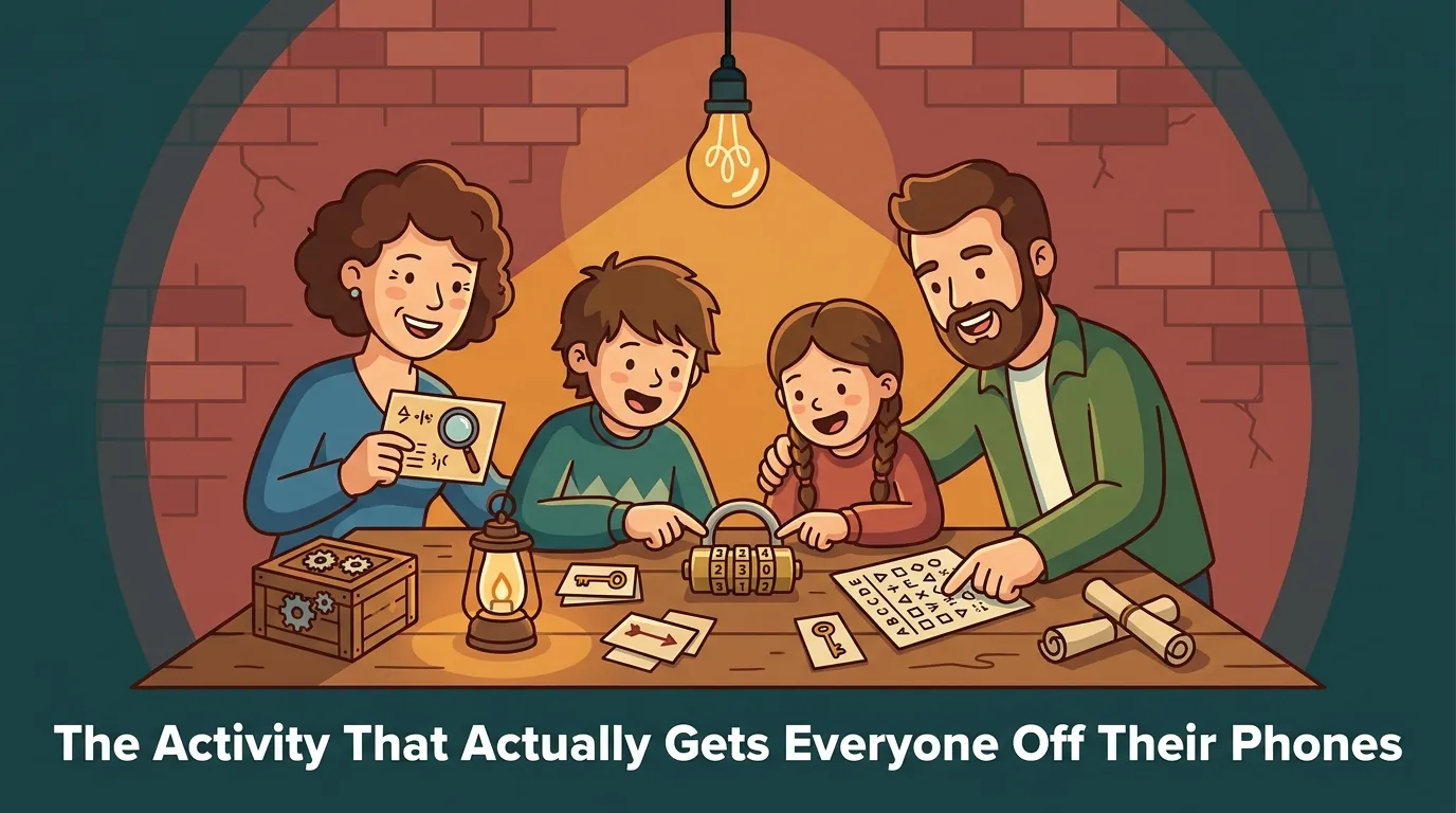 Family of Four Playing Escape Room Together - Kids Excited Over Combination Lock Illustration of a family playing a puzzle game together at a table