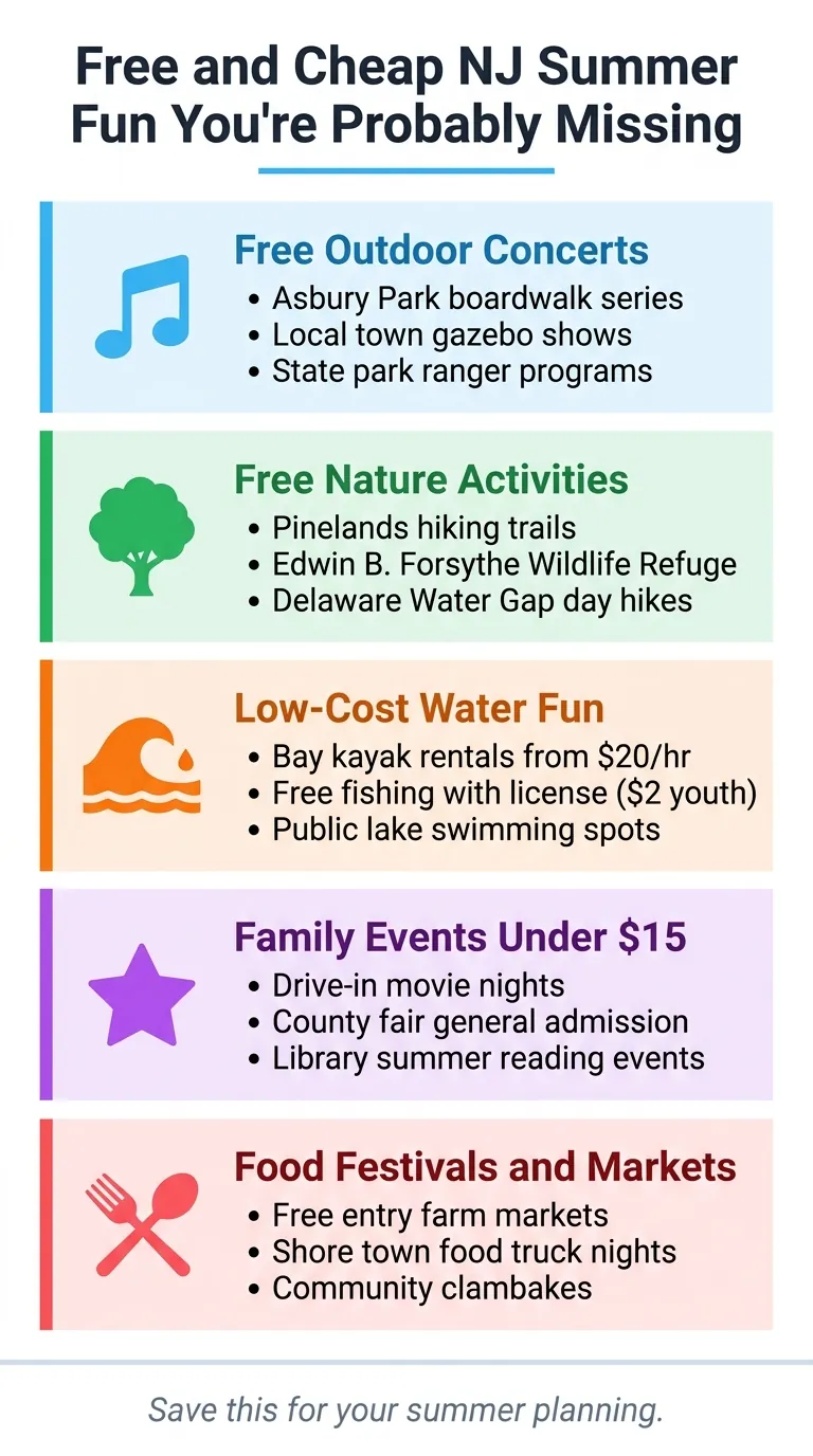 Free and Cheap NJ Summer Fun You're Probably Missing - Pinterest Infographic List of free and cheap New Jersey summer activities by category