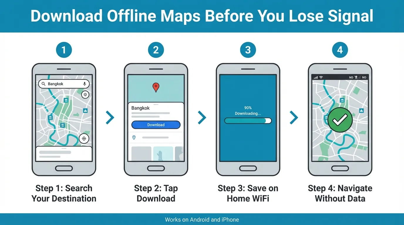 4-step flat illustration showing how to download offline Google Maps — search Bangkok, tap Download, save on WiFi, navigate without data