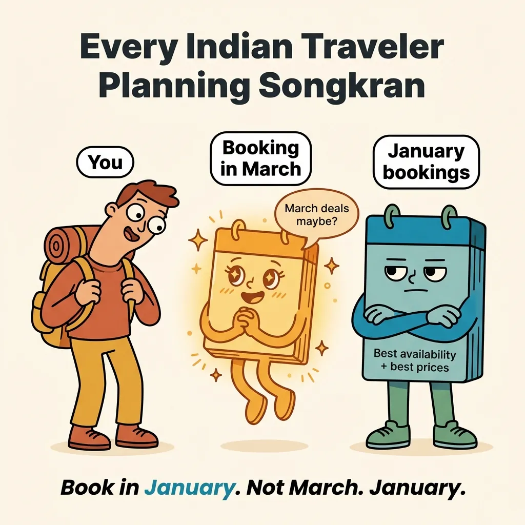 Flat cartoon meme of traveler ignoring January bookings calendar while eyeing 'March deals maybe?' calendar, with caption 'Book in January. Not March. January.'