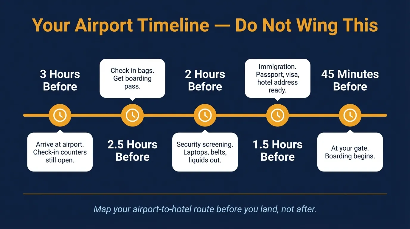 Flat navy infographic timeline with five amber clock-icon milestones from '3 Hours Before' to '45 Minutes Before' for international airport arrival steps