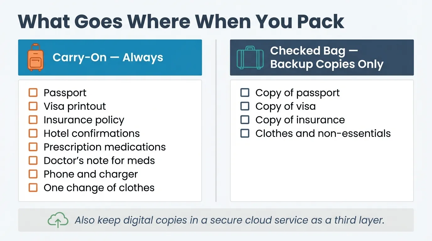 Two-column packing checklist: carry-on bag items (passport, meds, phone) on left, checked bag copies on right, with cloud backup note at bottom