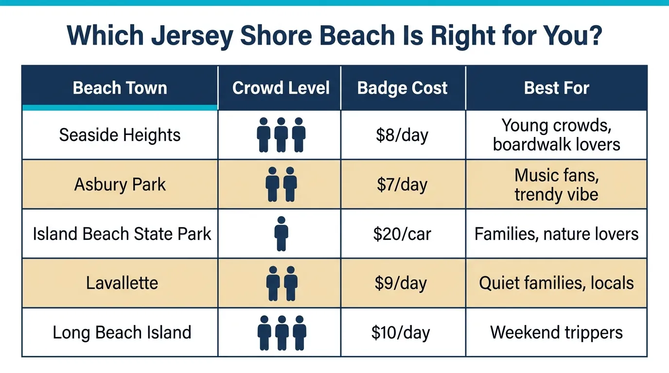 Which Jersey Shore Beach Is Right for You? - 5-Town Comparison Guide Table comparing five Jersey Shore beach towns by crowd level, badge cost and best for