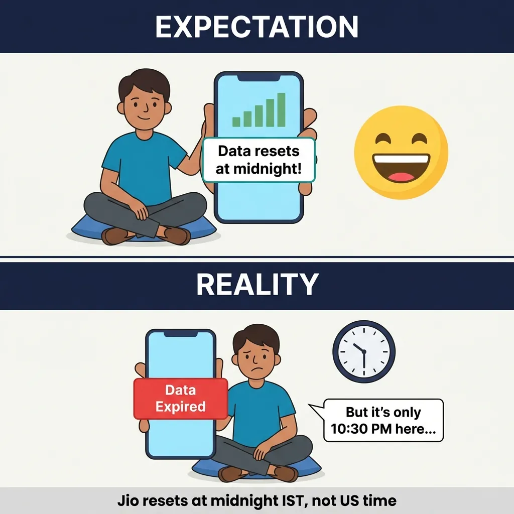 Two-panel meme: top panel traveler smiling at phone showing full signal bars and 'Data resets at midnight!' — bottom panel same traveler confused at 'Data Expired' screen, clock showing 10:30 PM, caption 'Jio resets at midnight IST, not US time'