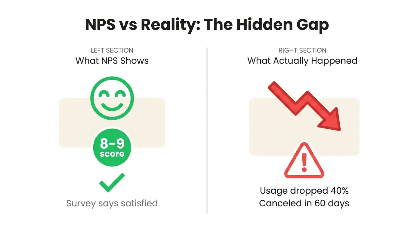 Side-by-side chart comparing NPS score of 8-9 with green checkmark against declining usage graph and red warning icon