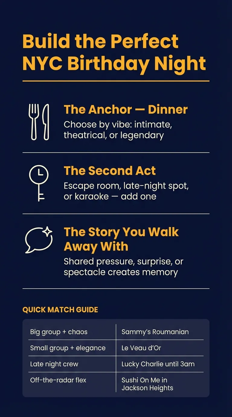Card for building a NYC birthday night: dinner, a second act, and the story you walk away with