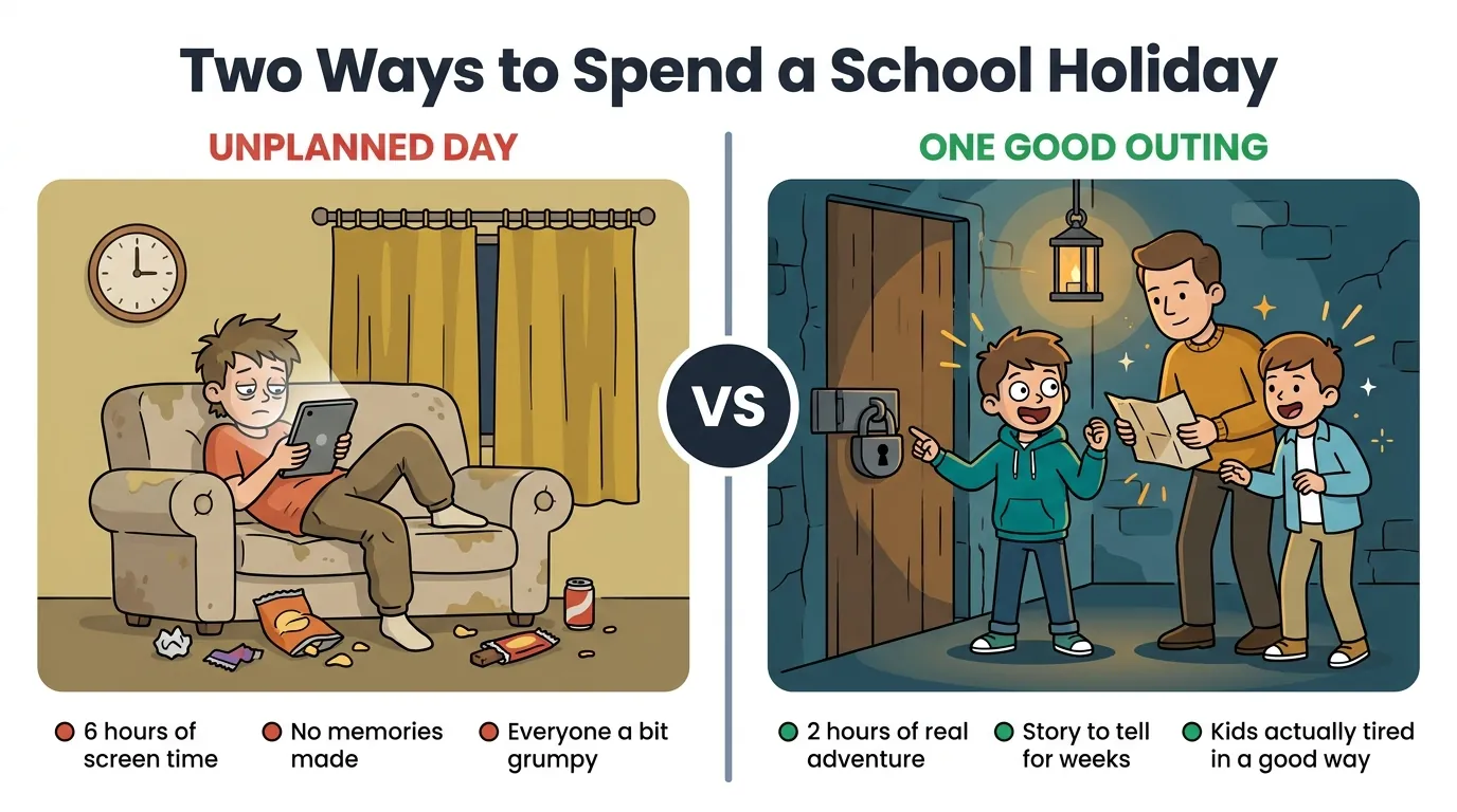 Split cartoon panel: bored child on sofa with tablet and junk food wrappers vs same child smiling in escape room with family and padlocked door