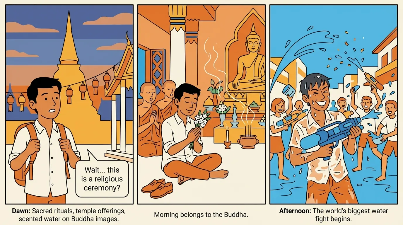 3-panel comic strip: traveler at Thai temple at dawn, watching monks chant with jasmine flowers, then laughing soaked in Songkran street water fight