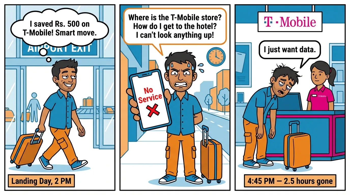 3-panel comic strip: traveler exits airport smug about saving money, then stranded with no service, finally exhausted at T-Mobile store 2.5 hours later