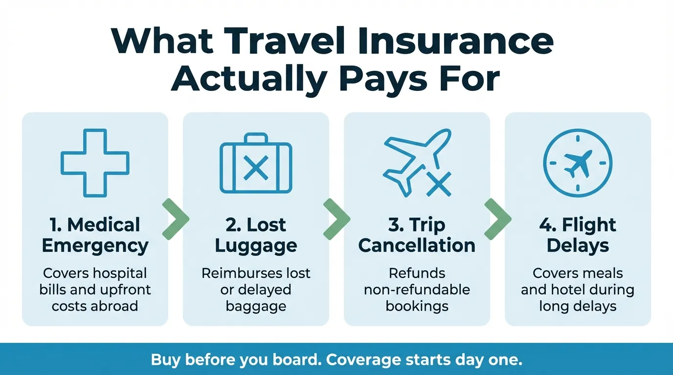 Flat infographic with four blue cards labeled Medical Emergency, Lost Luggage, Trip Cancellation, and Flight Delays, connected by green arrows, on white background