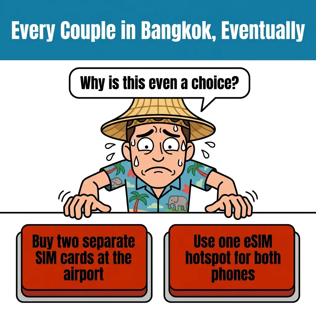 Two Buttons meme: sweating tourist in Thai straw hat hovering over red buttons labeled 'Buy two SIM cards at airport' vs 'Use one eSIM hotspot for both phones'