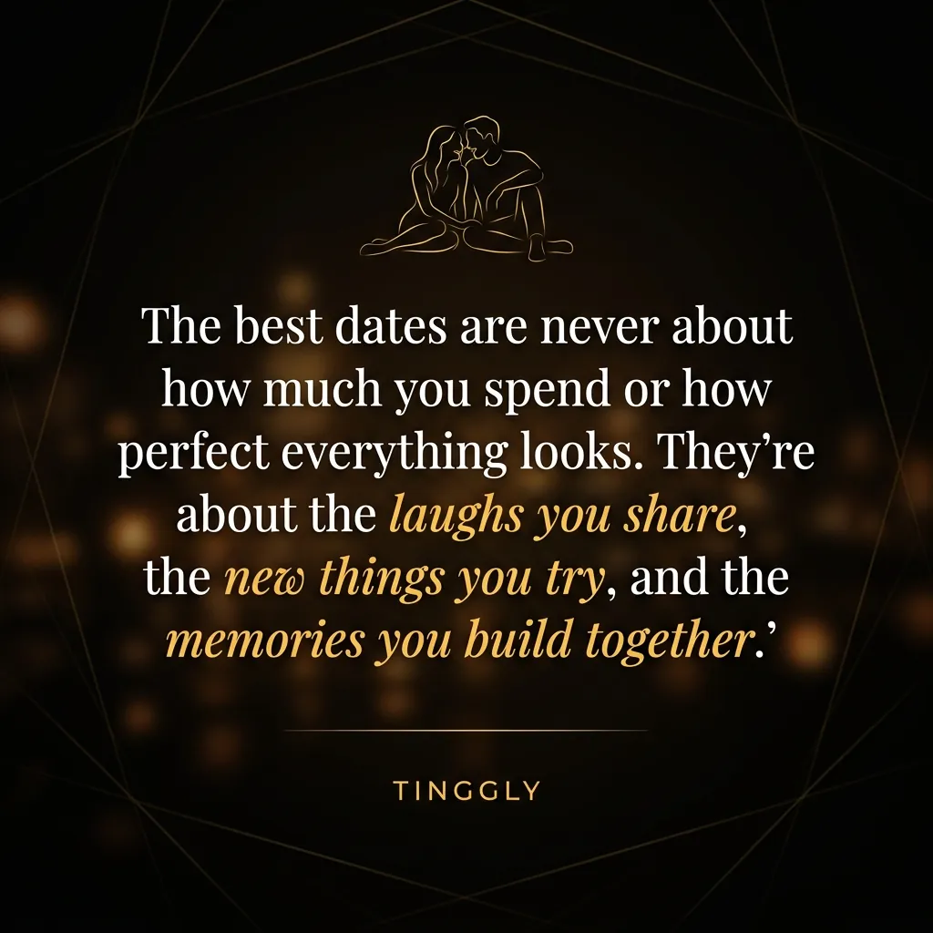 Tinggly Quote Card — The Best Dates Are About Memories, Not Money Dark gold quote card: 'The best dates are never about how much you spend' with couple silhouette and Tinggly credit